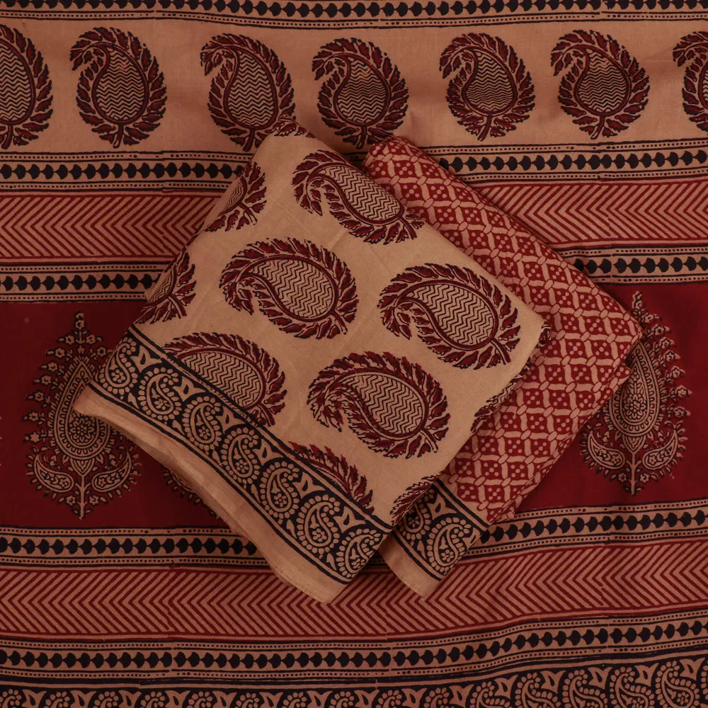 Brown - 3pc Bagh Block Printed Natural Dyed Cotton Suit Material Set