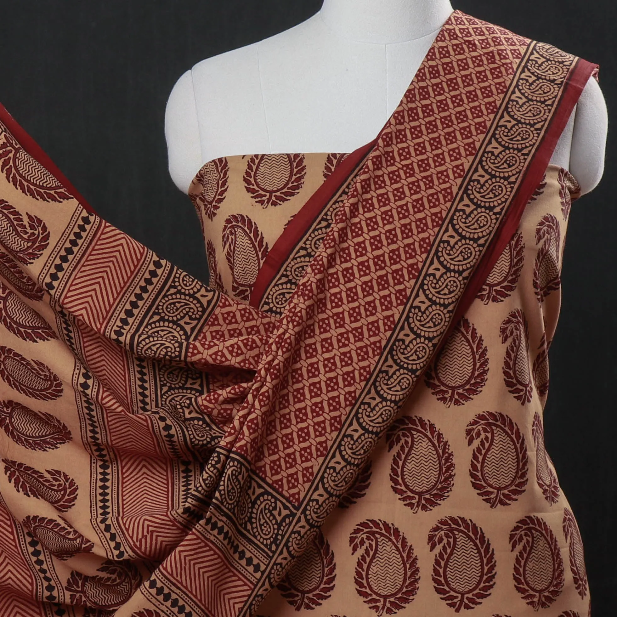 Brown - 3pc Bagh Block Printed Natural Dyed Cotton Suit Material Set
