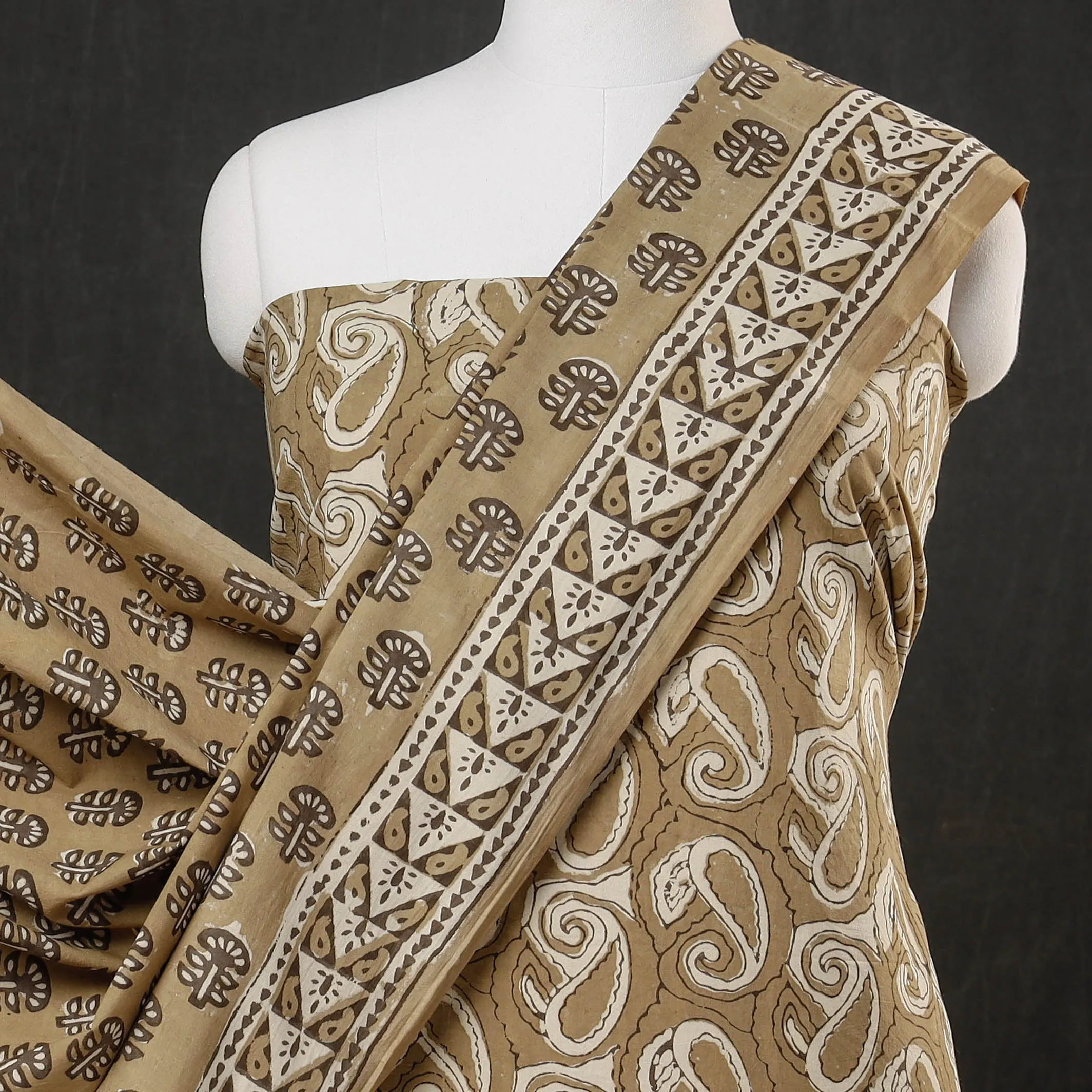 Brown - 3pc Cotton Block Printed Pipad Dress Material Set