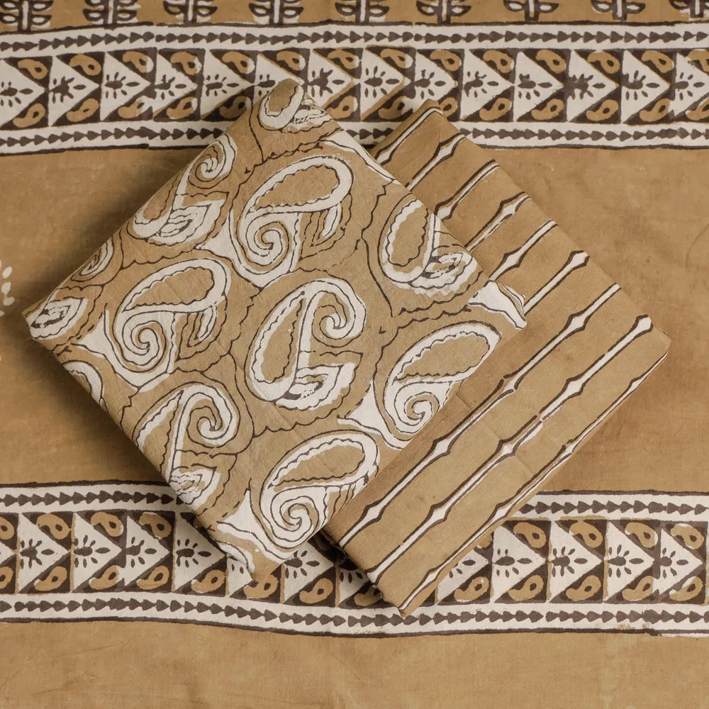 Brown - 3pc Cotton Block Printed Pipad Dress Material Set