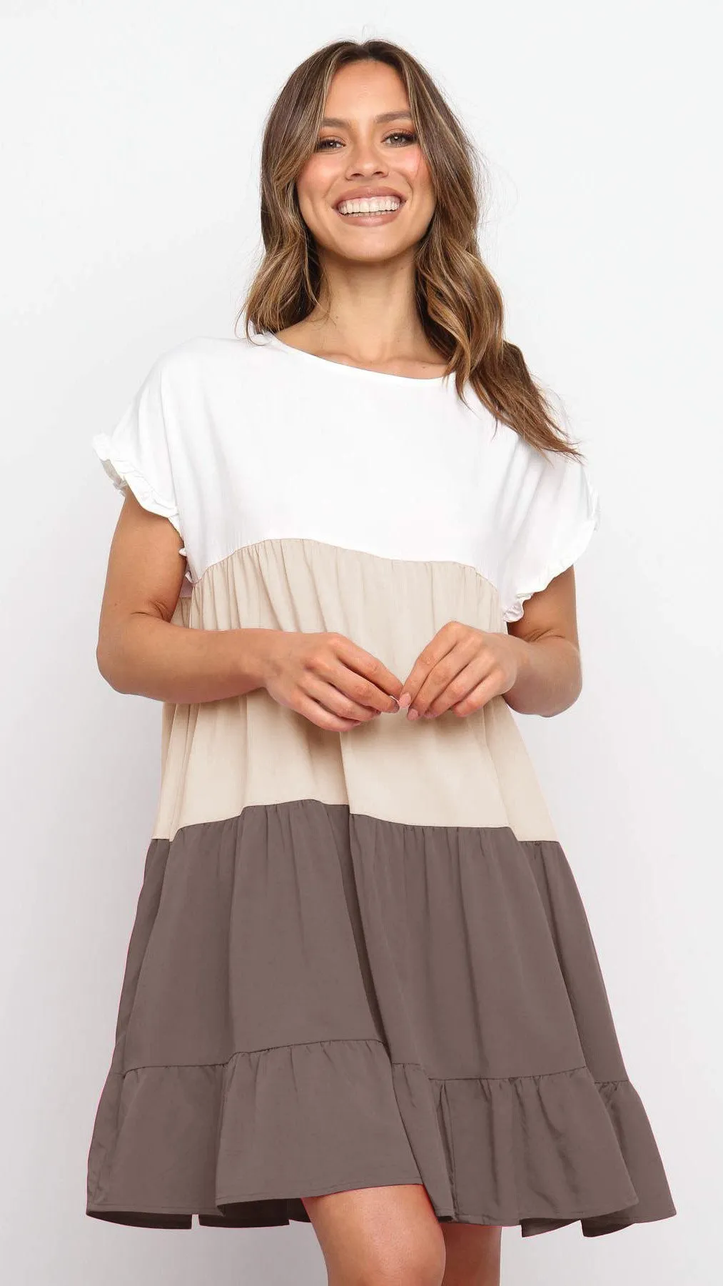 Brown Color Block Babydoll Dress