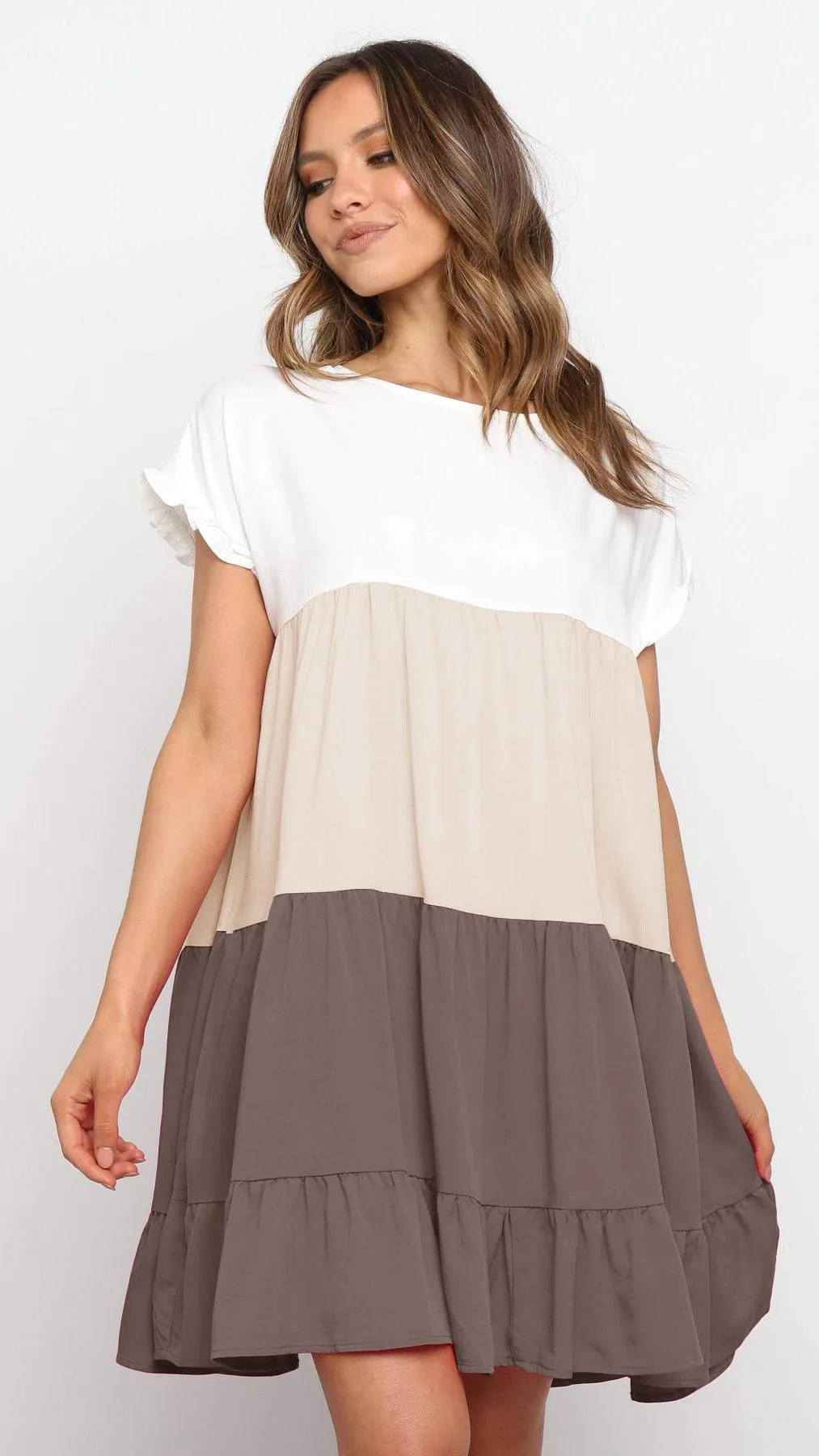 Brown Color Block Babydoll Dress