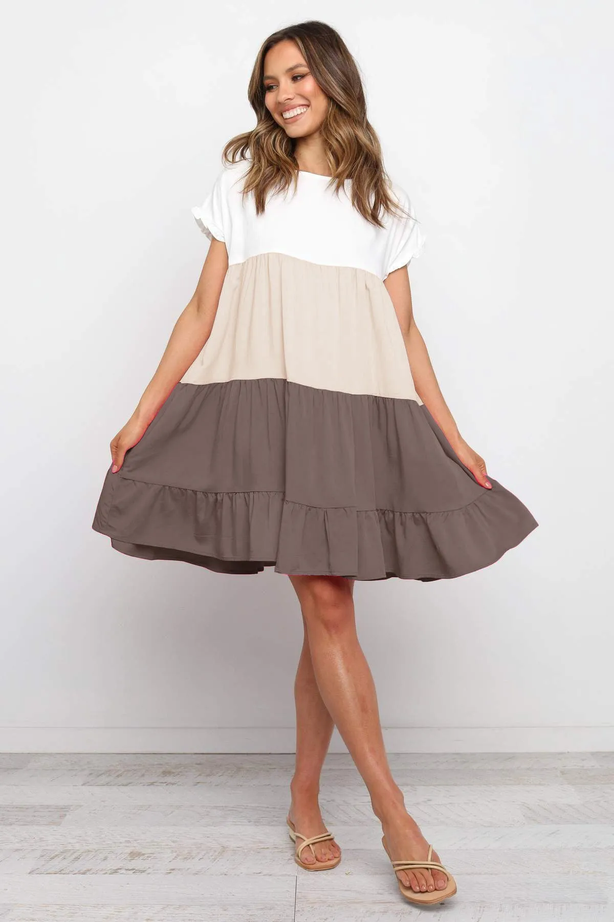 Brown Color Block Babydoll Dress