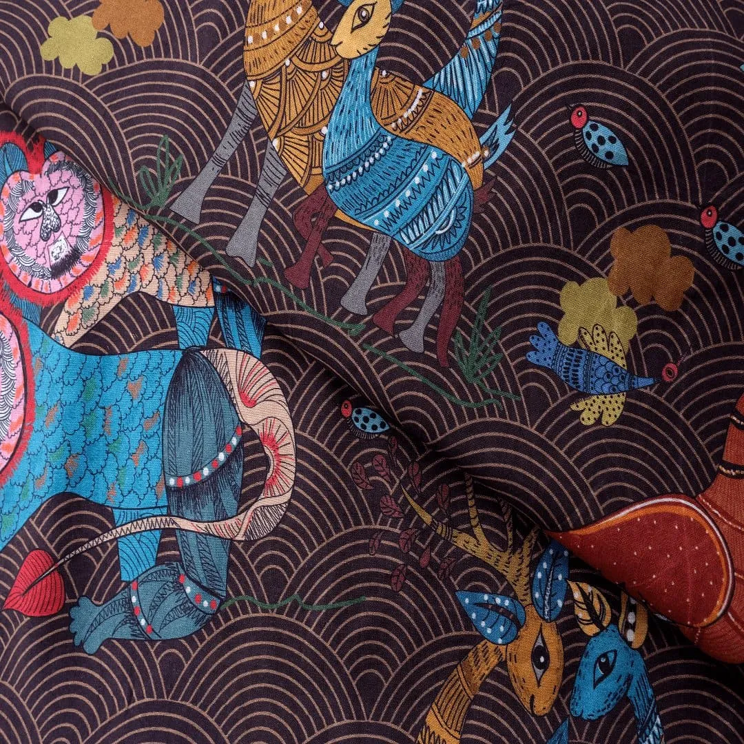 Brown Gond Print Silk Fabric