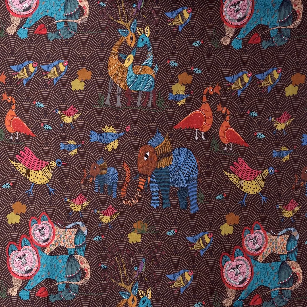Brown Gond Print Silk Fabric