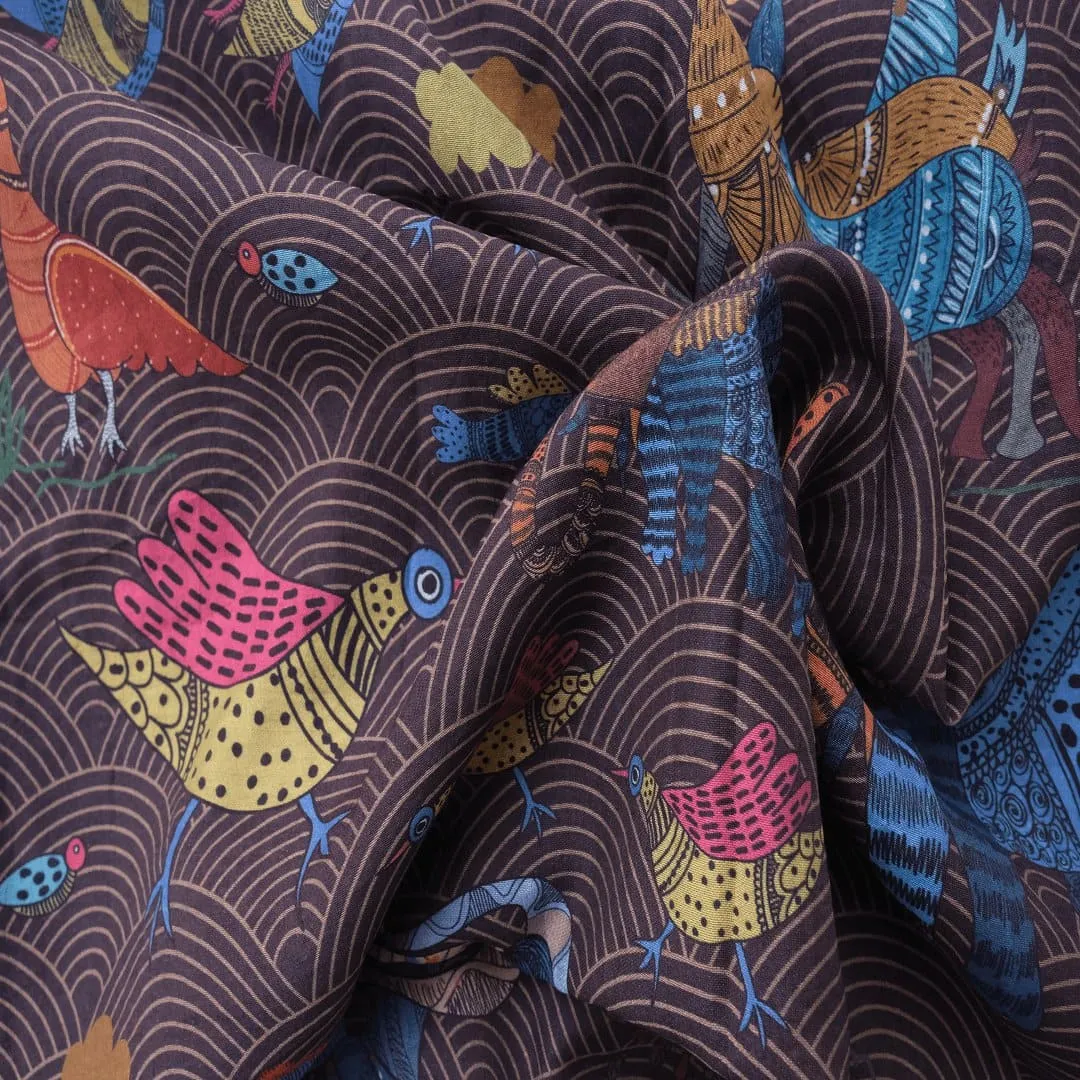 Brown Gond Print Silk Fabric