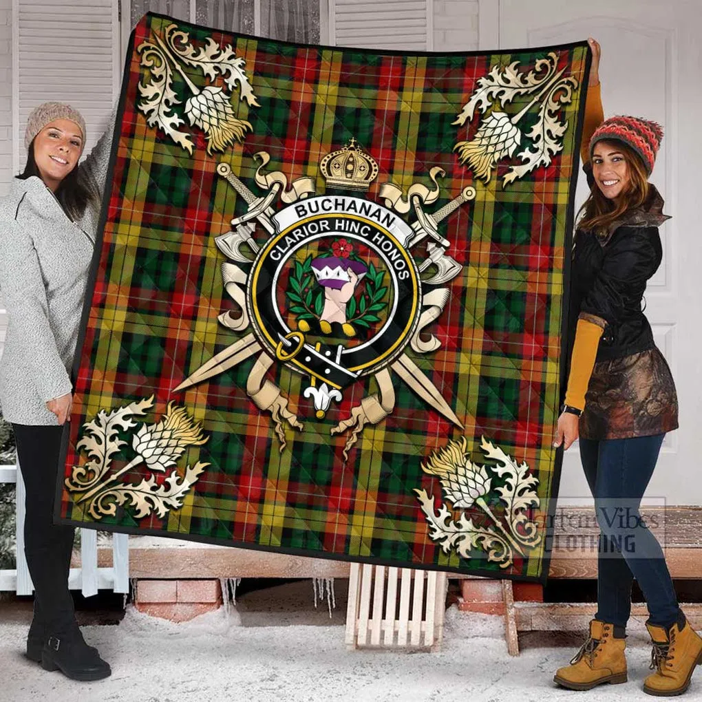 Buchanan Tartan Quilt with Family Crest and Scottish Golden Courage Shield