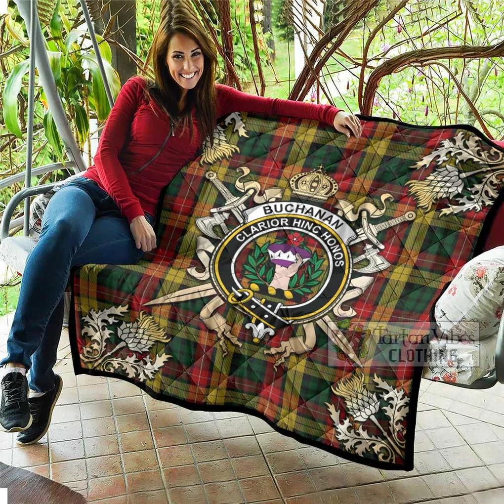 Buchanan Tartan Quilt with Family Crest and Scottish Golden Courage Shield