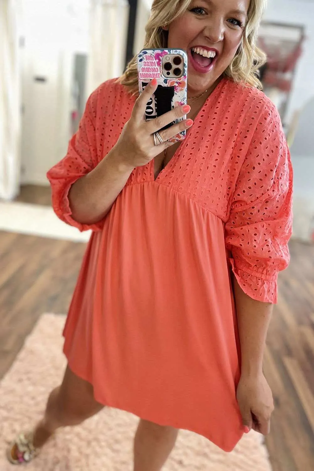 Carrot Plus Size Eyelet V Neck Babydoll Dress - Stylish Fit