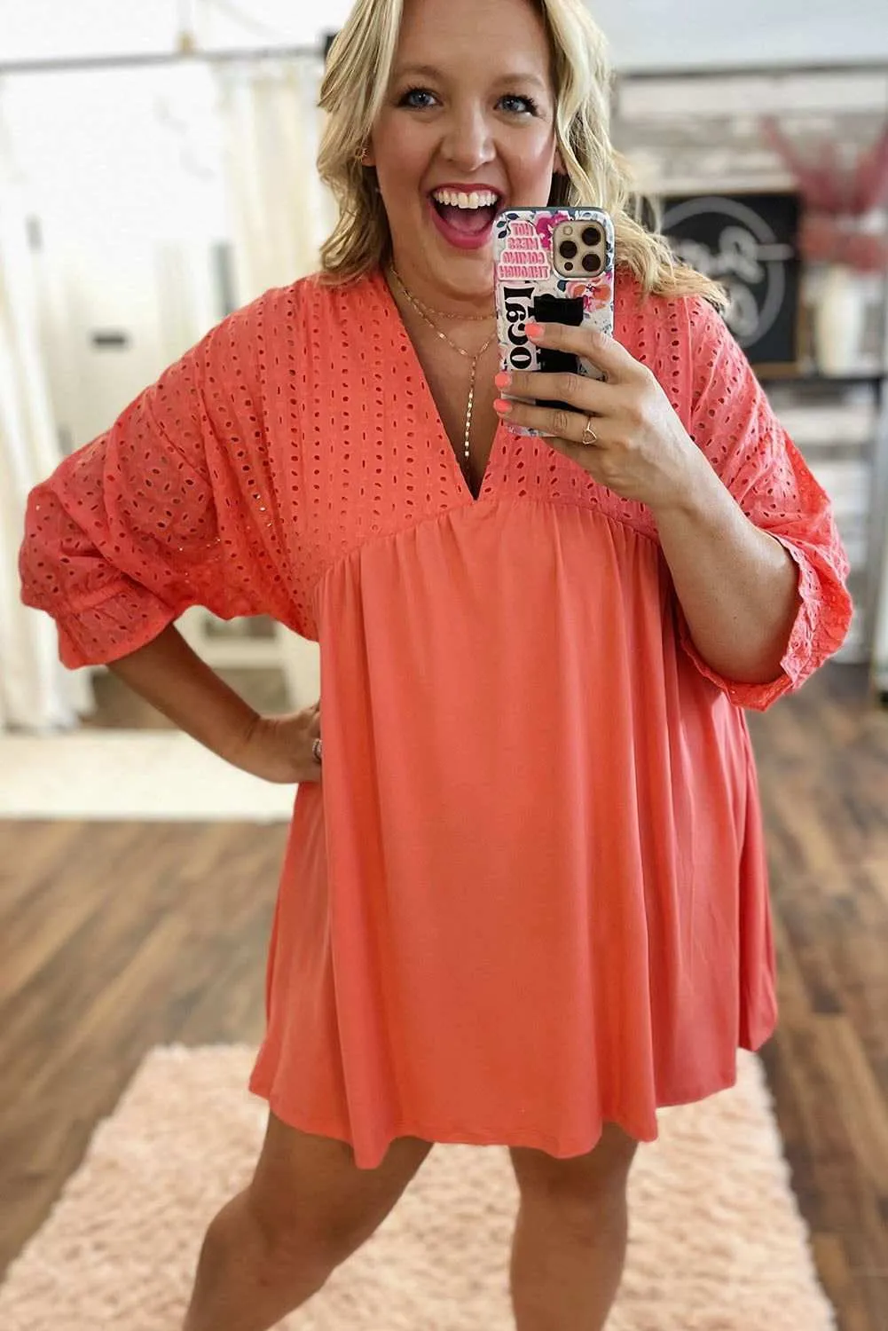 Carrot Plus Size Eyelet V Neck Babydoll Dress - Stylish Fit