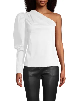 COTTON POPLIN ONE SHOULDER PUFF SLEEVE TOP in WHITE