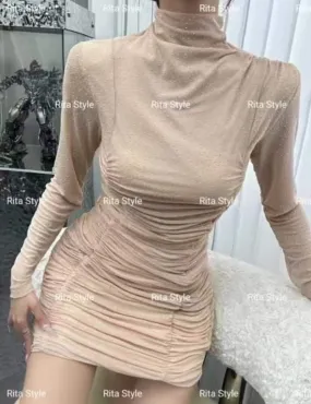 Cowl neck glitter ruched mesh bodycon dress beige