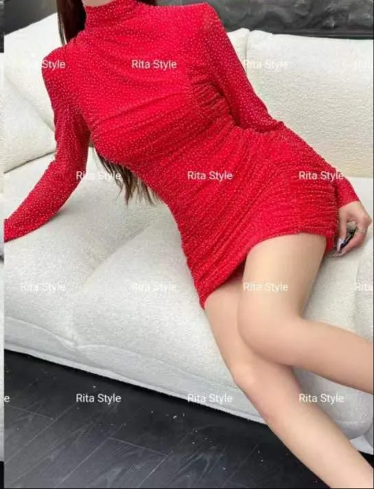 Cowl neck glitter ruched mesh bodycon dress red