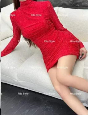 Cowl neck glitter ruched mesh bodycon dress red
