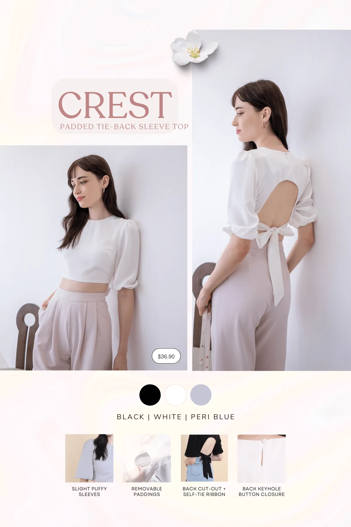 CREST PADDED TIE-BACK SLEEVE TOP IN WHITE