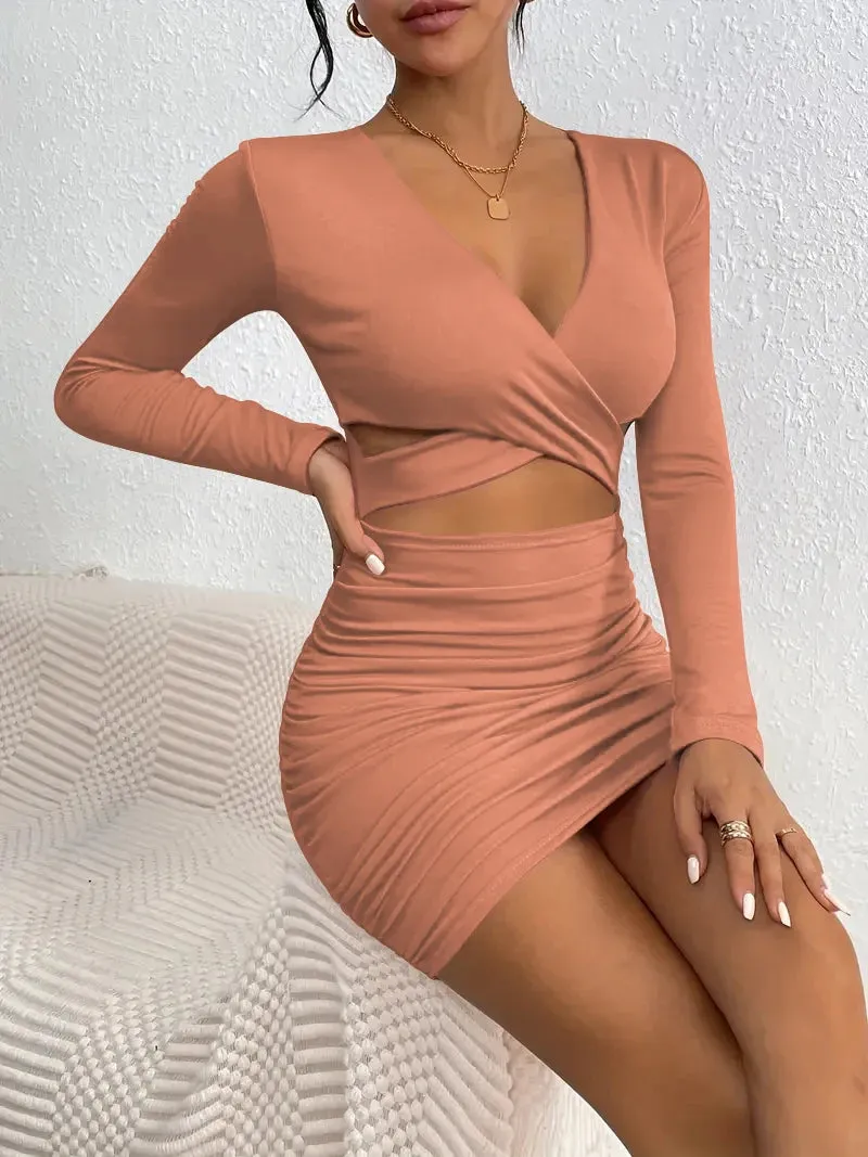 CrissCross Cut Out V-neck  Nightclub Ready Ruched Mini Dress