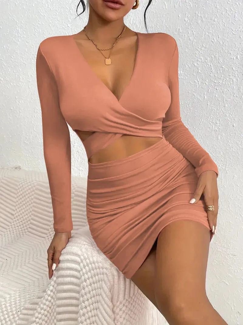 CrissCross Cut Out V-neck  Nightclub Ready Ruched Mini Dress
