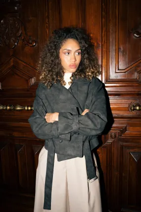 CROPPED LEATHER TRENCH COAT -BLACK