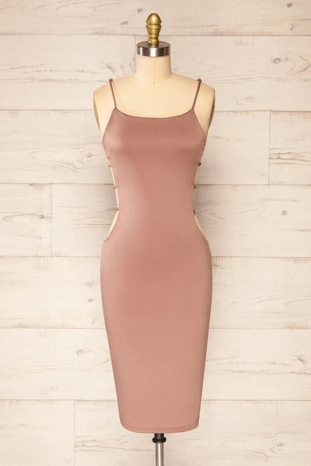 Dorie Mauve | Bodycon Midi Dress w/ Cutout Detail