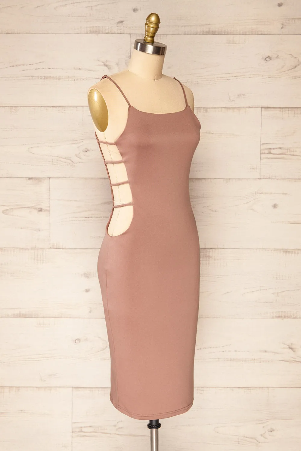 Dorie Mauve | Bodycon Midi Dress w/ Cutout Detail