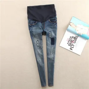 Elastic Waist Hole Stretch Denim Maternity Belly Jeans