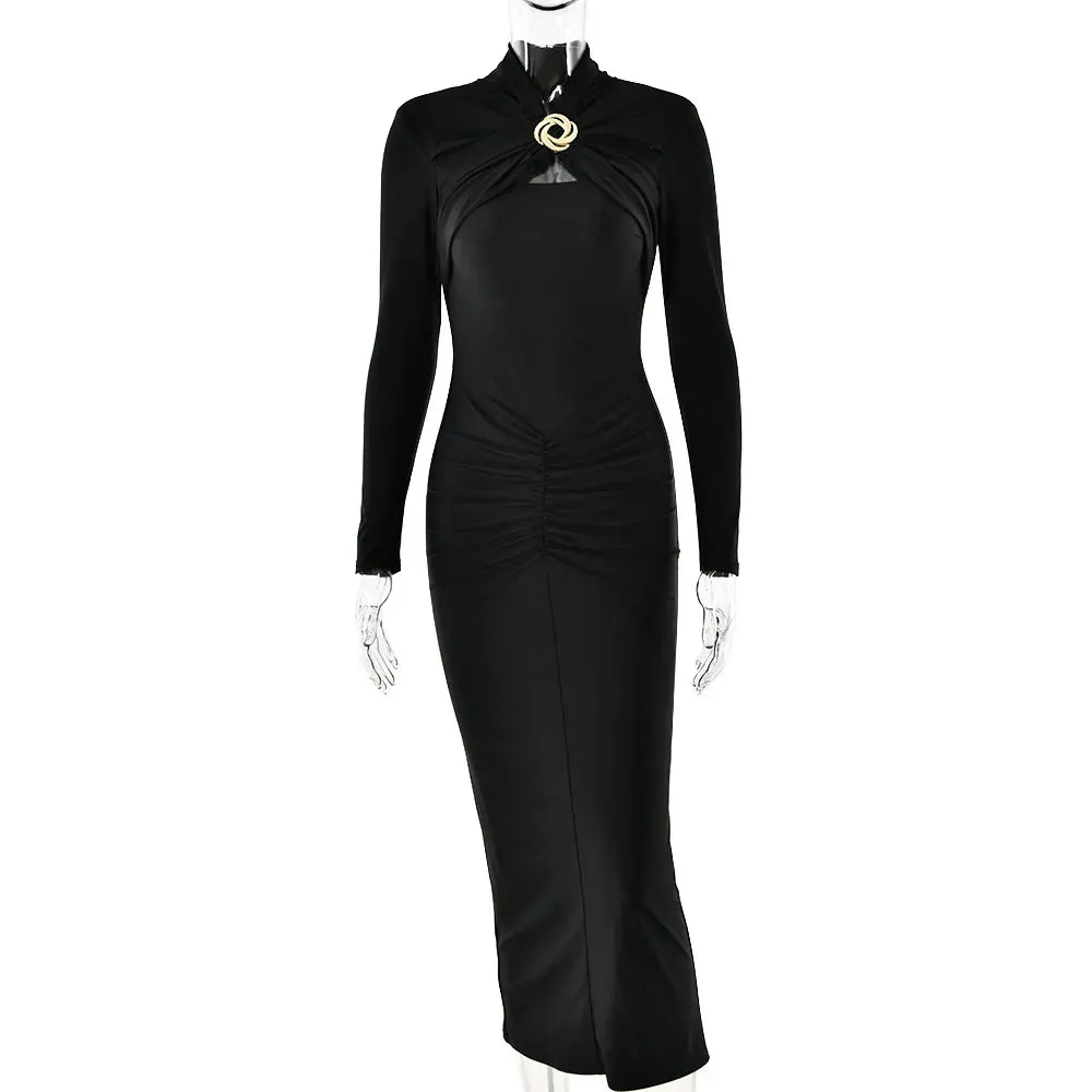 Elegant Long Sleeve Midi Dress - Ruched Waist   Gold Brooch Detail for Evening Wear