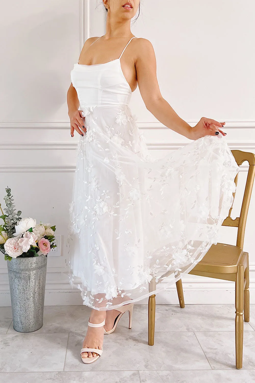 Eneka | White Midi Tulle Dress w/ Floral Embroidery