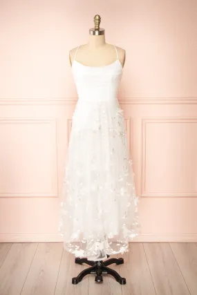 Eneka | White Midi Tulle Dress w/ Floral Embroidery