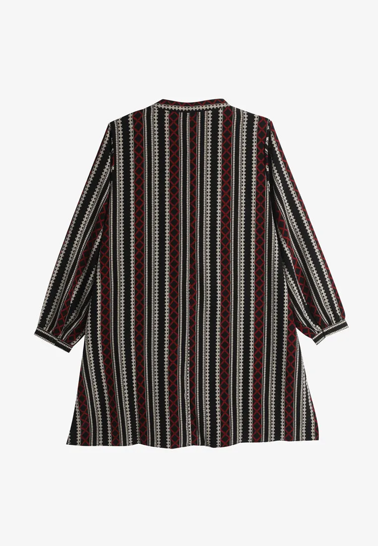 Evelene Ethnic Stripes Long Tunic Blouse - Black Red