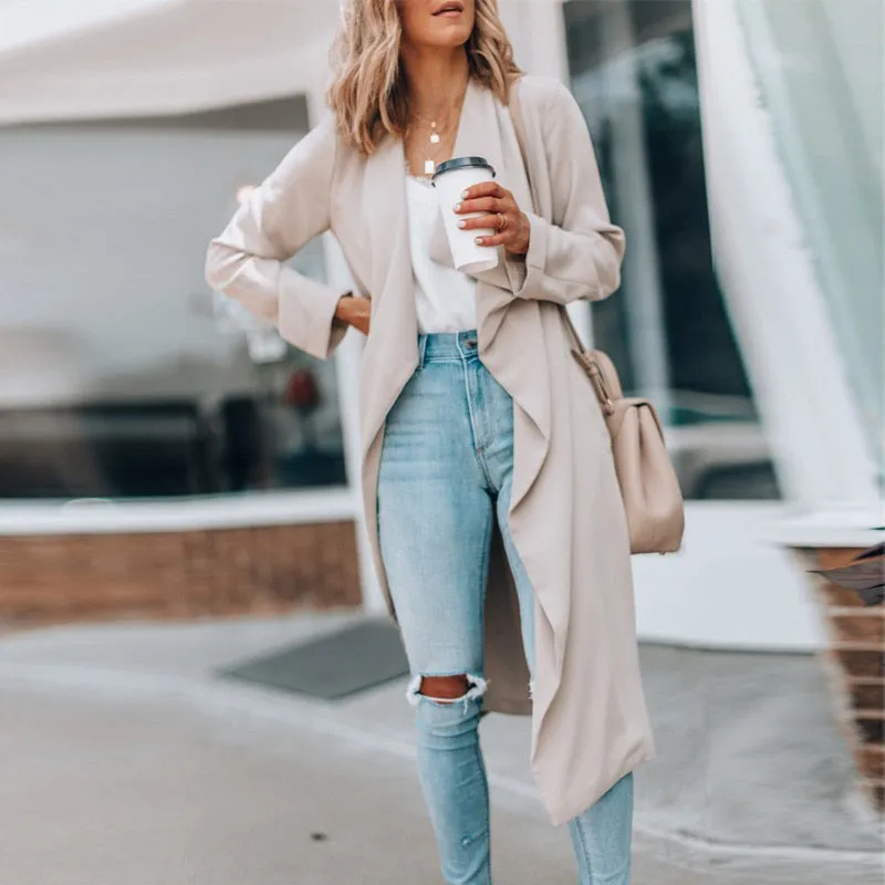 Fashionkova  Women Elegant Turn-Down Collar Office Cardigan Spring Solid Loose Long Tops Outerewar Autumn Long Sleeve Jacket Coats Harajuku
