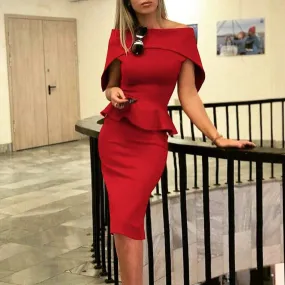 FashionSierra - Women Elegant Summer Off Shoulder Ruffle Midi Dress Formal Work Office OL Ladies Bodycon Slim Pencil Dress