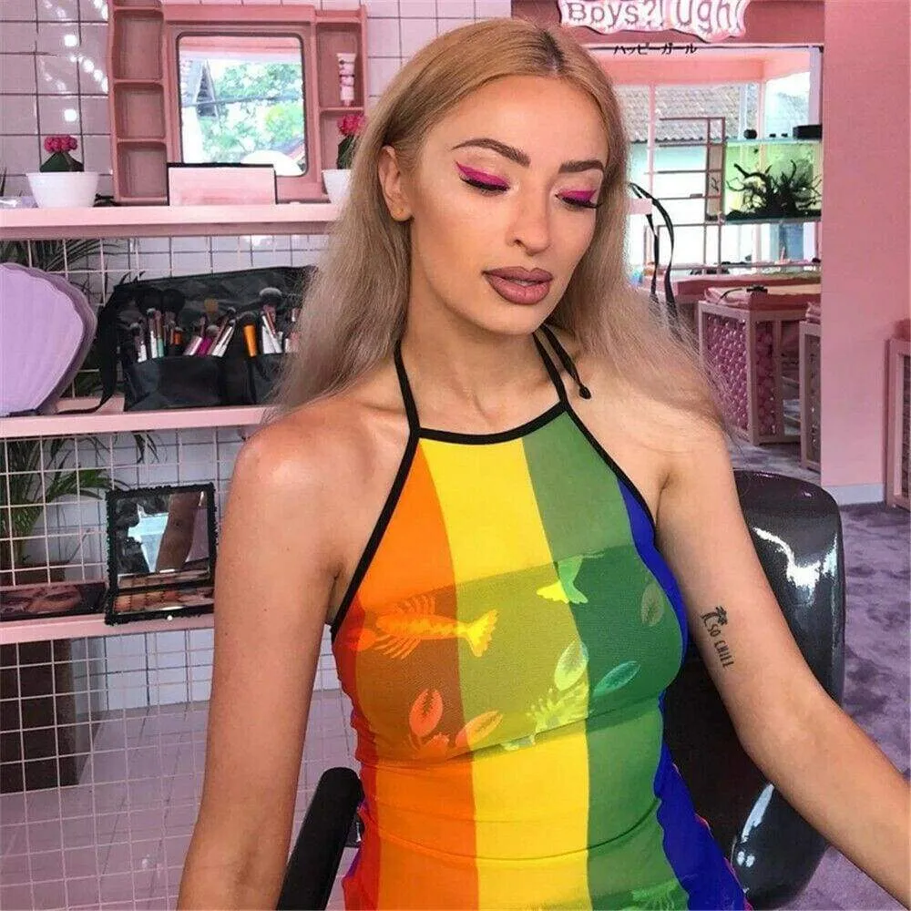 FashionSierra - Women Sexy Dress Summer Perspective Bodycon Sleeveless Rainbow Mesh Beach Slim Fit Ladies Mini Sling Dress Sundress