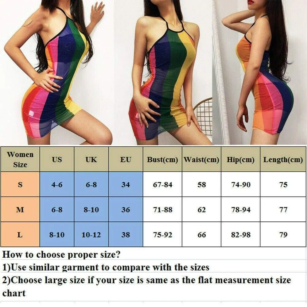 FashionSierra - Women Sexy Dress Summer Perspective Bodycon Sleeveless Rainbow Mesh Beach Slim Fit Ladies Mini Sling Dress Sundress