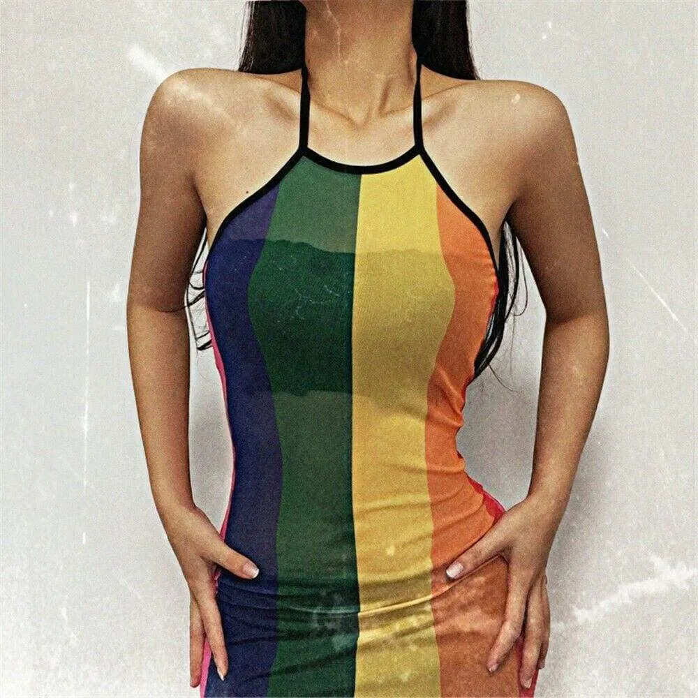FashionSierra - Women Sexy Dress Summer Perspective Bodycon Sleeveless Rainbow Mesh Beach Slim Fit Ladies Mini Sling Dress Sundress