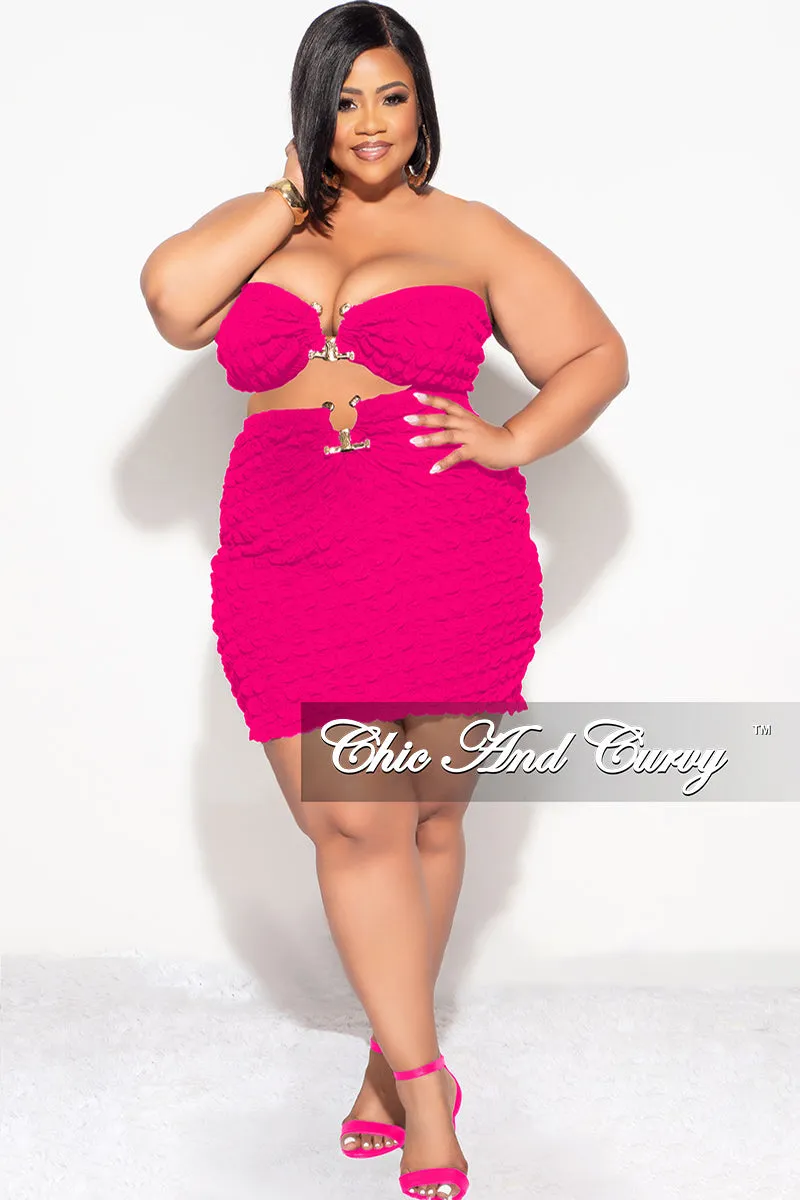 Final Sale Plus Size 2pc Honeycomb Texture Strapless Top and Skirt Set in Fuchsia