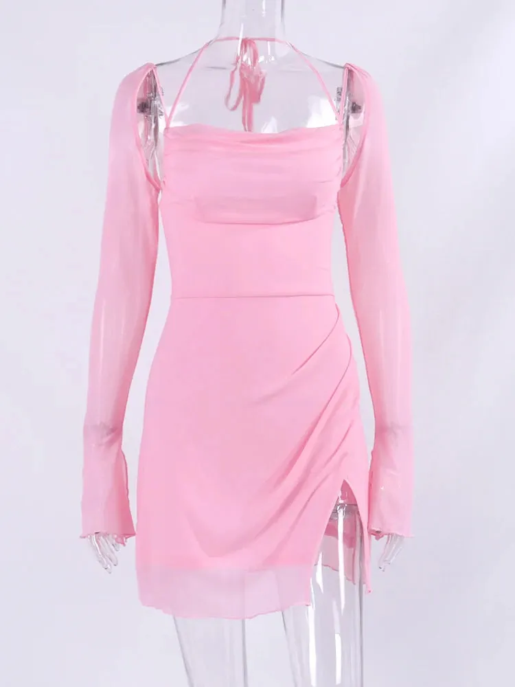 Flirty Mesh Sleeve Bandage Mini Dress for Evening Galas