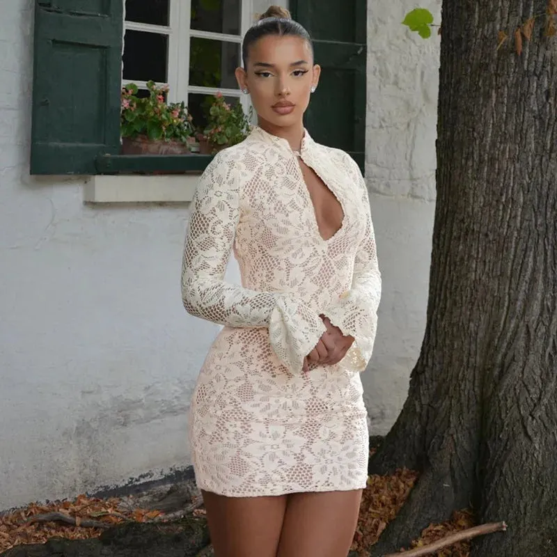 Floral Lace Mini Dress with Kimono Neck and Long Sleeves