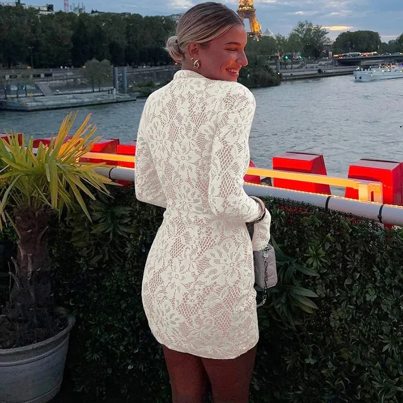 Floral Lace Mini Dress with Kimono Neck and Long Sleeves