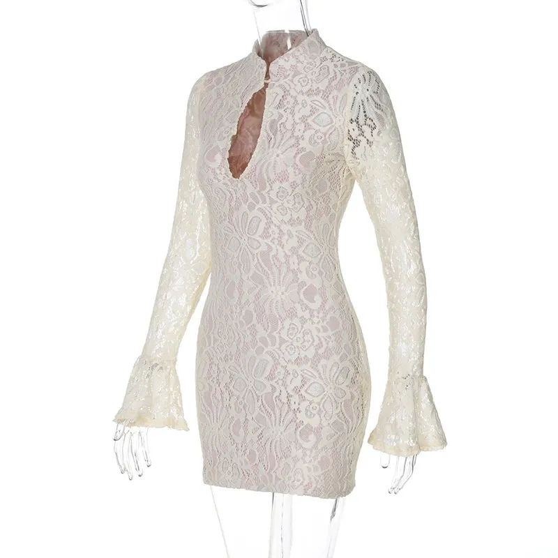 Floral Lace Mini Dress with Kimono Neck and Long Sleeves