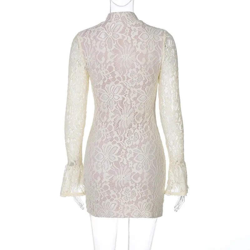 Floral Lace Mini Dress with Kimono Neck and Long Sleeves