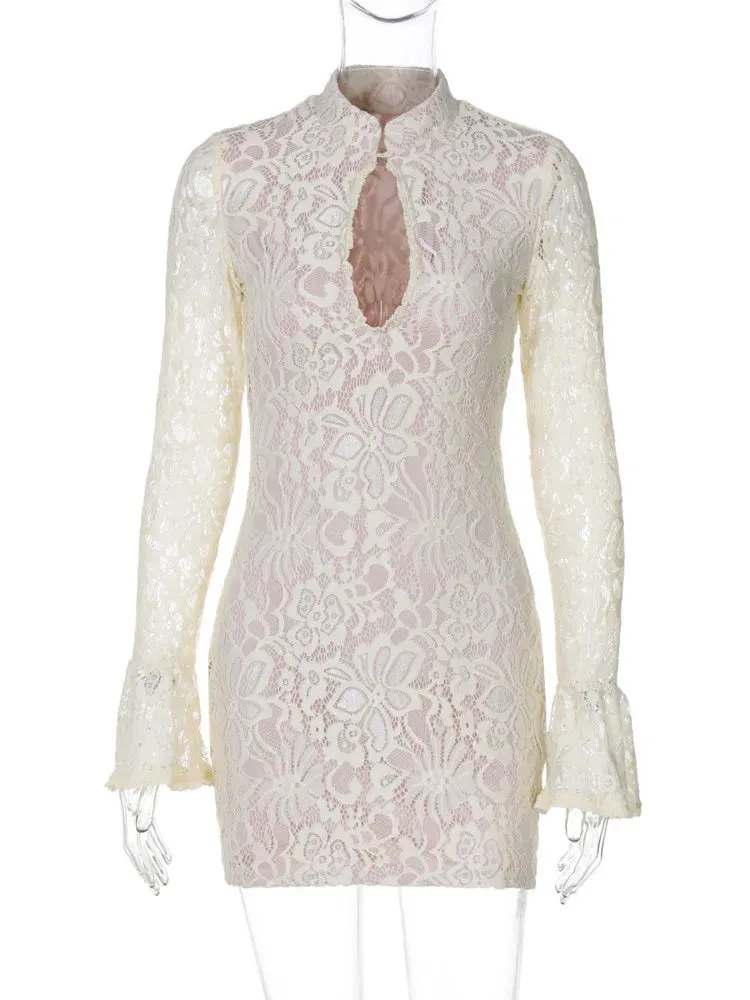 Floral Lace Mini Dress with Kimono Neck and Long Sleeves