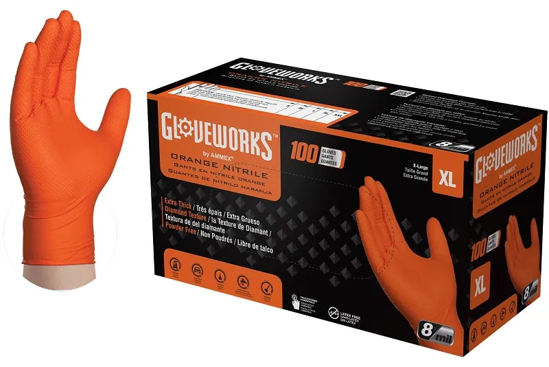 Gloveworks GWON48100 Heavy-Duty Disposable Gloves, XL, Nitrile, Powder-Free, Orange, 9-1/2 in L :BX100: QUANTITY: 1