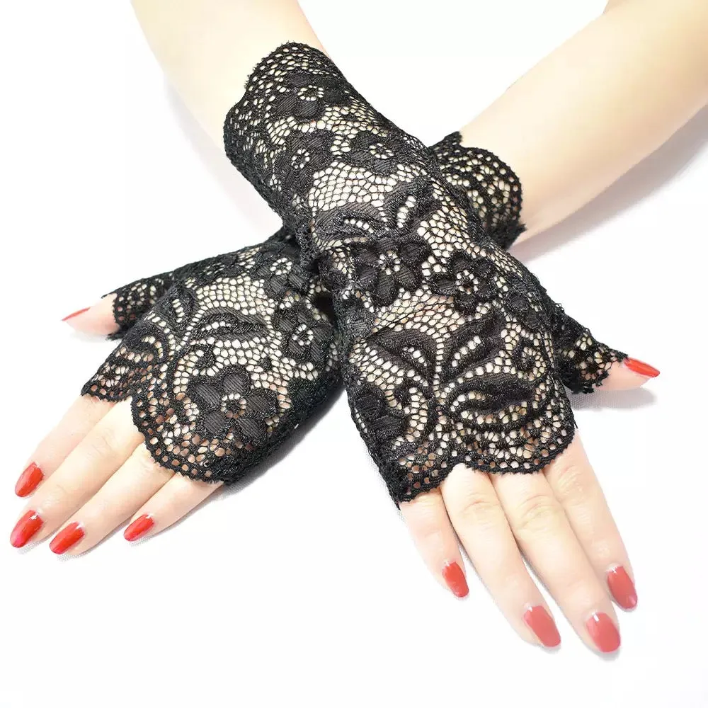 Great Gatsby 1920's Bridal Flapper Floral LACE Mesh Half Finger Gloves - BLACK LACE