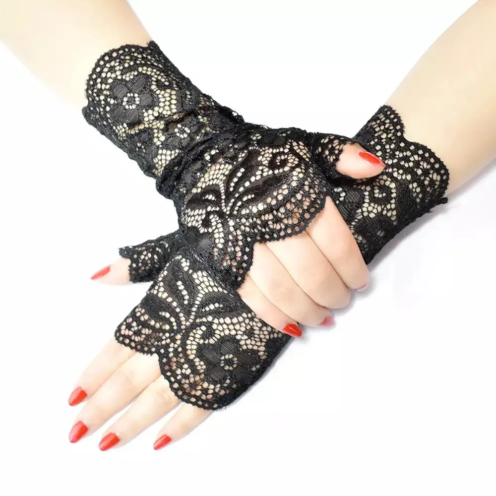 Great Gatsby 1920's Bridal Flapper Floral LACE Mesh Half Finger Gloves - BLACK LACE
