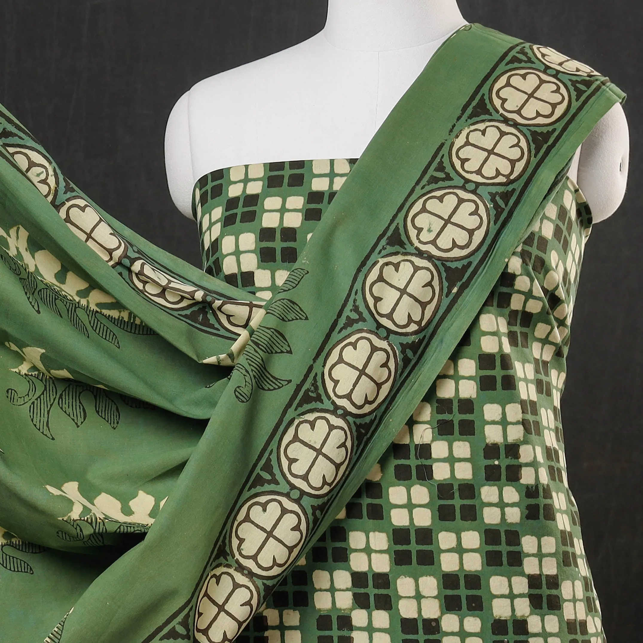 Green - 3pc Cotton Block Printed Pipad Dress Material Set