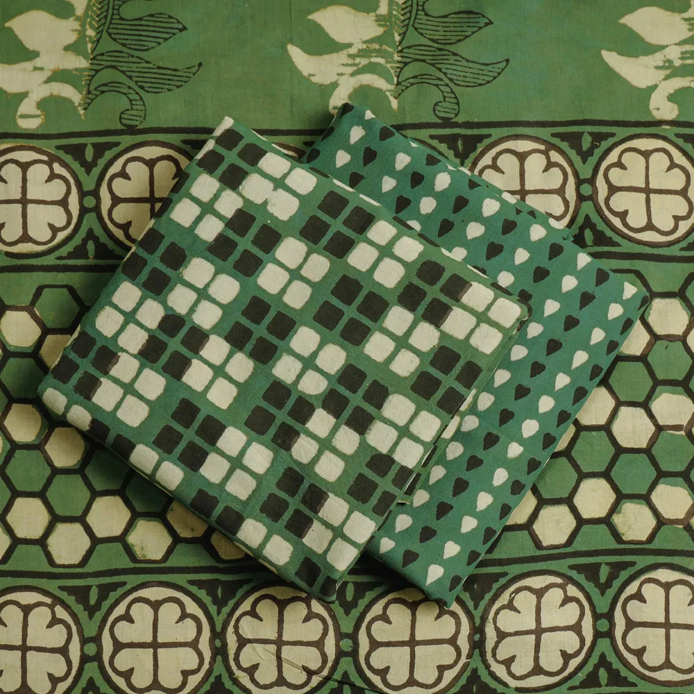 Green - 3pc Cotton Block Printed Pipad Dress Material Set
