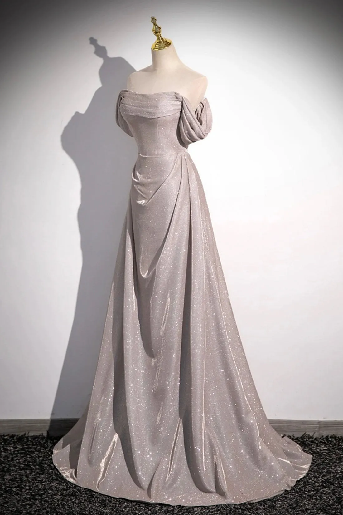 Grey Sequins Ruffle Long Party Dress, Off the Shoulder Short Sleeve Sweep Train Evening Dress