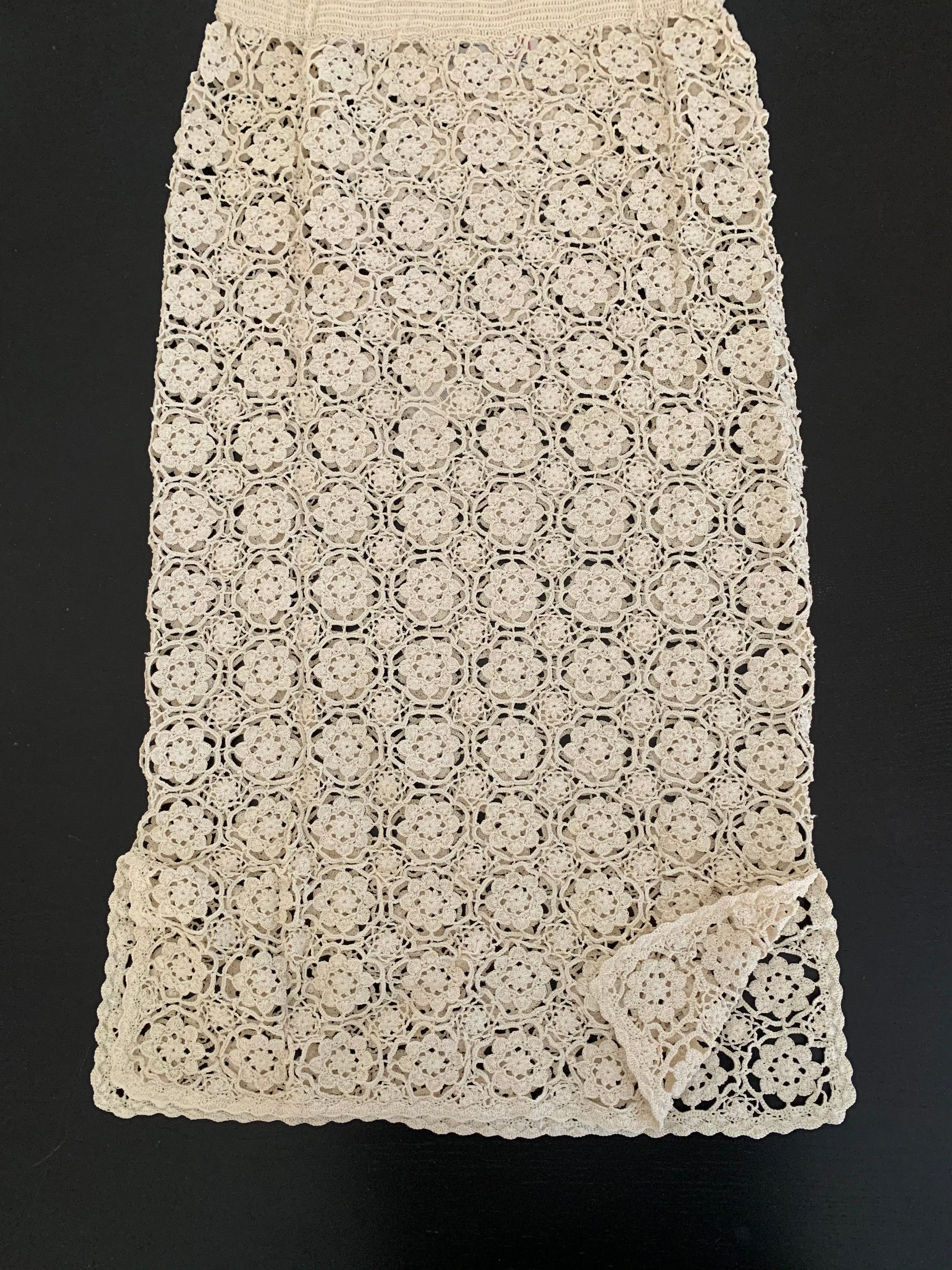 Hand Crocheted Midi Length Chinese Slit Skirt in Color Natural