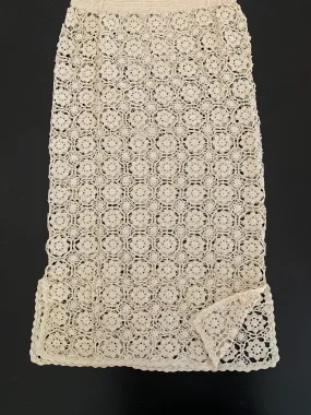 Hand Crocheted Midi Length Chinese Slit Skirt in Color Natural