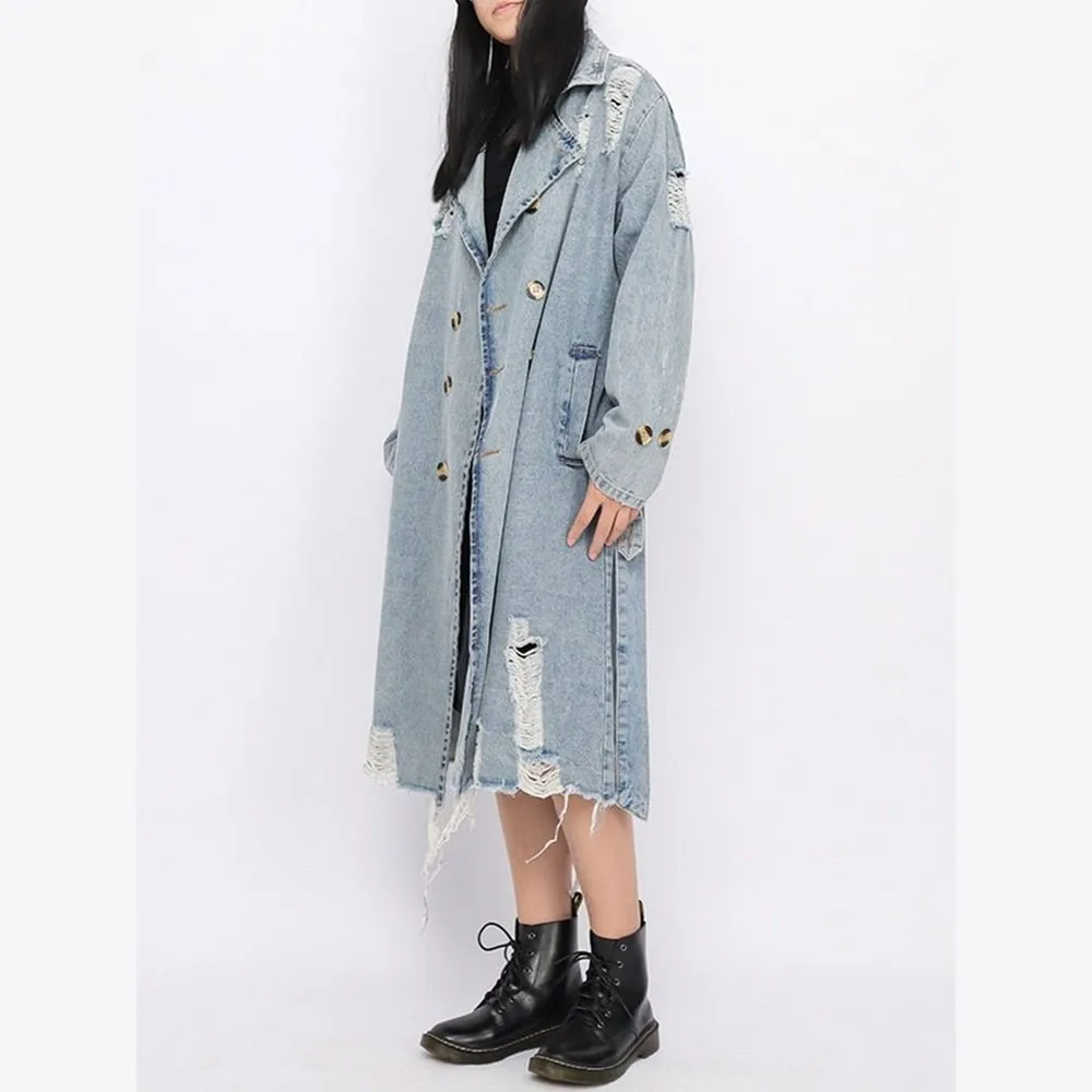 Hollow Out Denim Trench Coat For Women